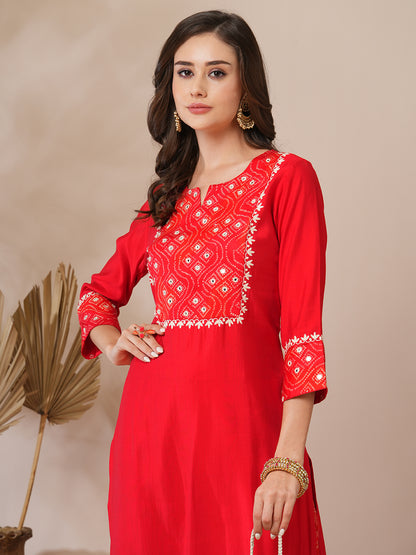 Solid Bandhni Printed and Embroidered Straight Fit Kurta with Palazzo - Red