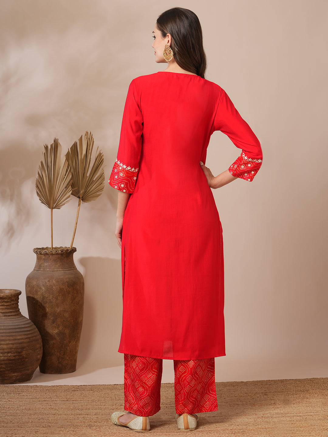 Solid Bandhni Printed and Embroidered Straight Fit Kurta with Palazzo - Red