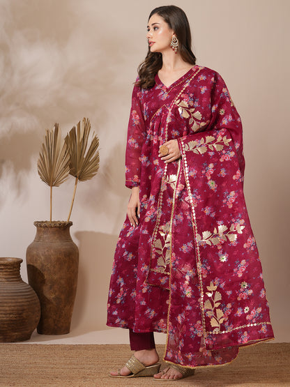 Floral Printed A-Line Pleated Kurta with Pant and Dupatta - Burgundy