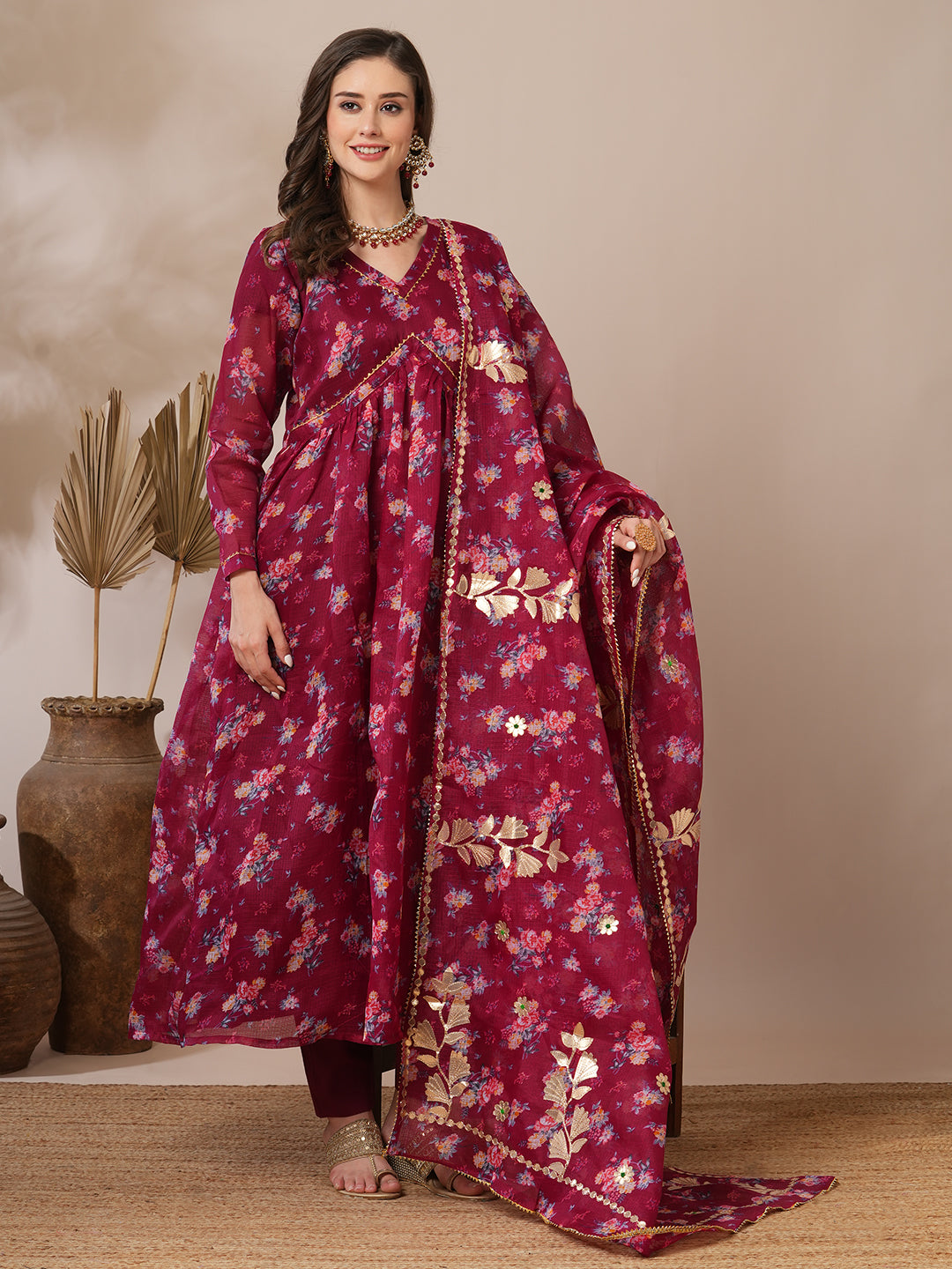 Floral Printed A-Line Pleated Kurta with Pant and Dupatta - Burgundy