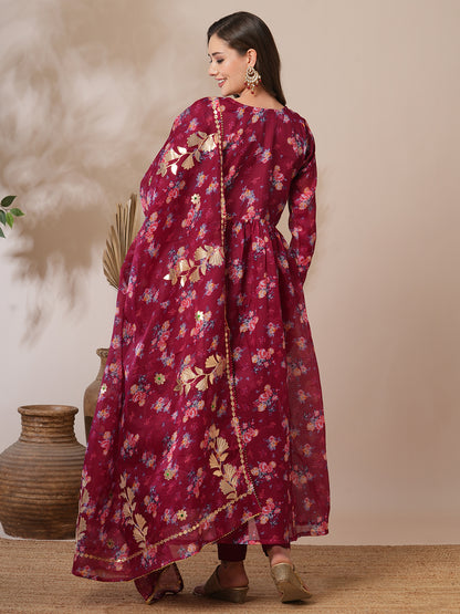 Floral Printed A-Line Pleated Kurta with Pant and Dupatta - Burgundy