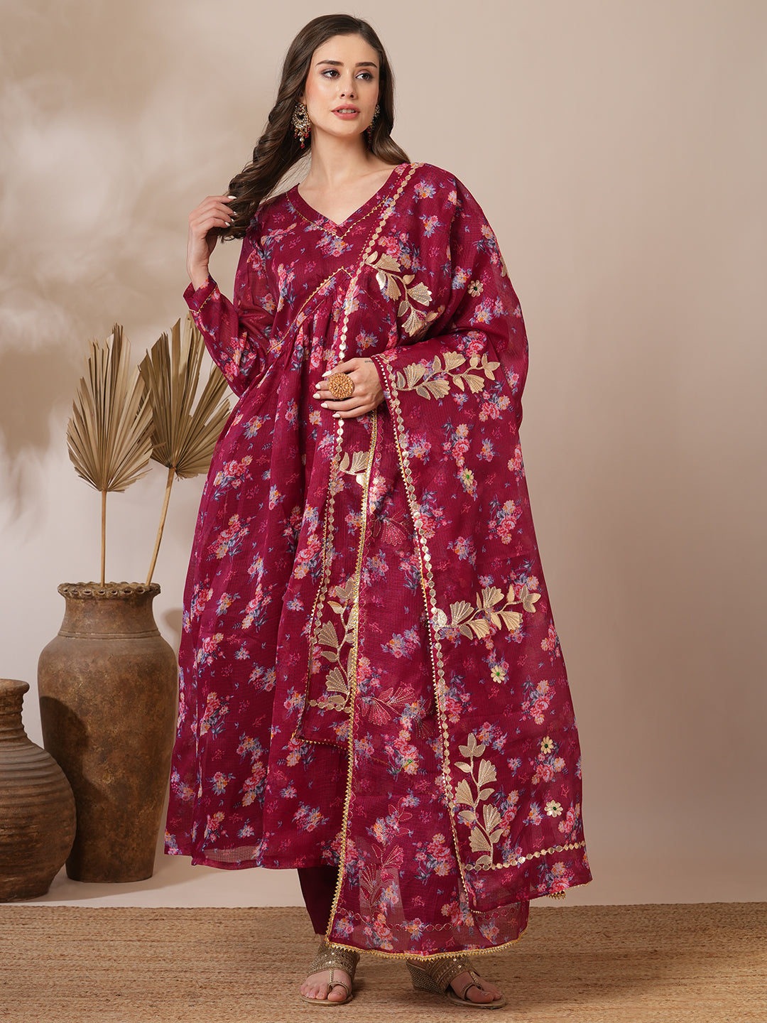 Floral Printed A-Line Pleated Kurta with Pant and Dupatta - Burgundy