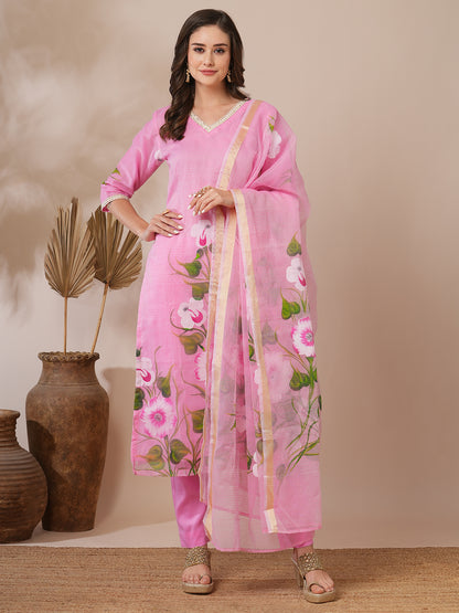 Floral Hand Painted Straight Fit Kurta with Pant & Dupatta - Pink