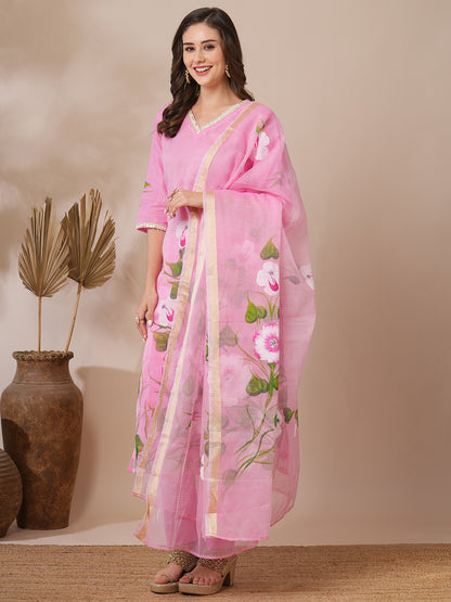 Floral Hand Painted Straight Fit Kurta with Pant & Dupatta - Pink