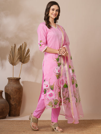 Floral Hand Painted Straight Fit Kurta with Pant & Dupatta - Pink