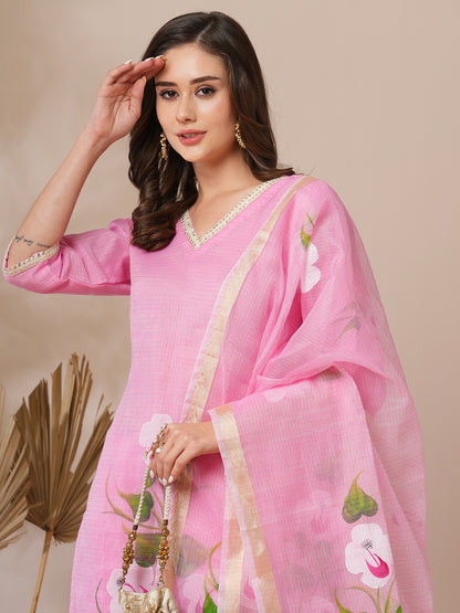 Floral Hand Painted Straight Fit Kurta with Pant & Dupatta - Pink