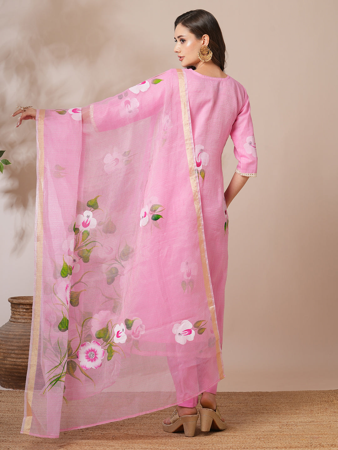 Floral Hand Painted Straight Fit Kurta with Pant & Dupatta - Pink