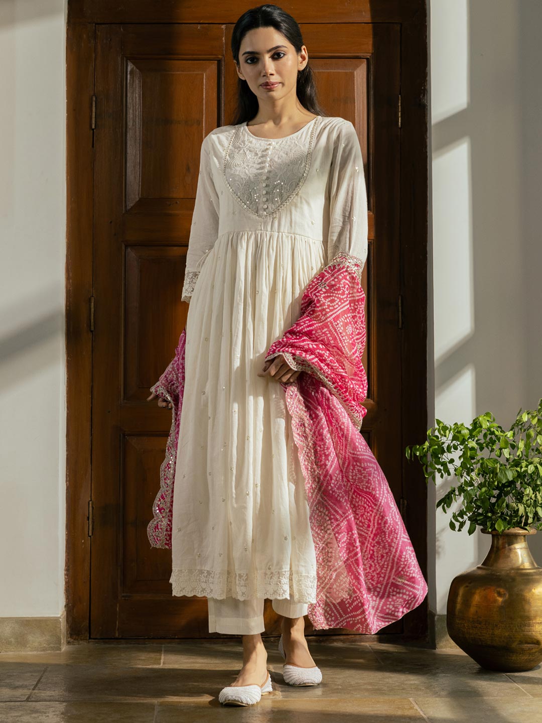 Ethnic Embroidered A-Line Pleated Kurta with Pant & Bandhani Printed Dupatta - White