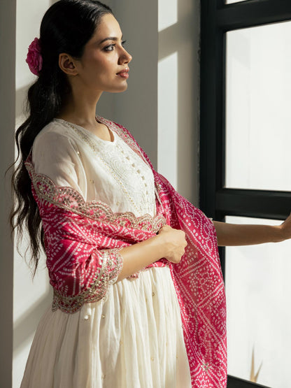 Ethnic Embroidered A-Line Pleated Kurta with Pant & Bandhani Printed Dupatta - White