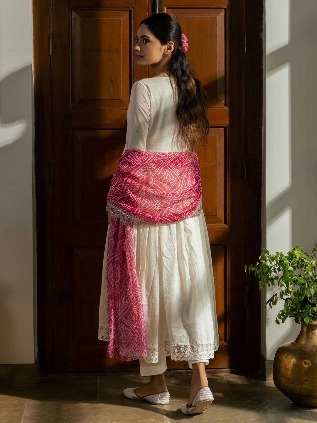 Ethnic Embroidered A-Line Pleated Kurta with Pant & Bandhani Printed Dupatta - White