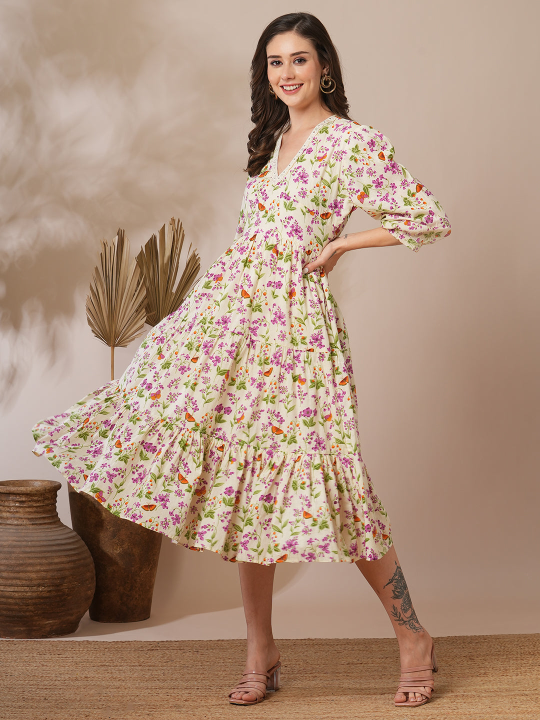 Butterfly & Floral Printed A-Line Pleated Tiered Flared Midi Dress - Off White