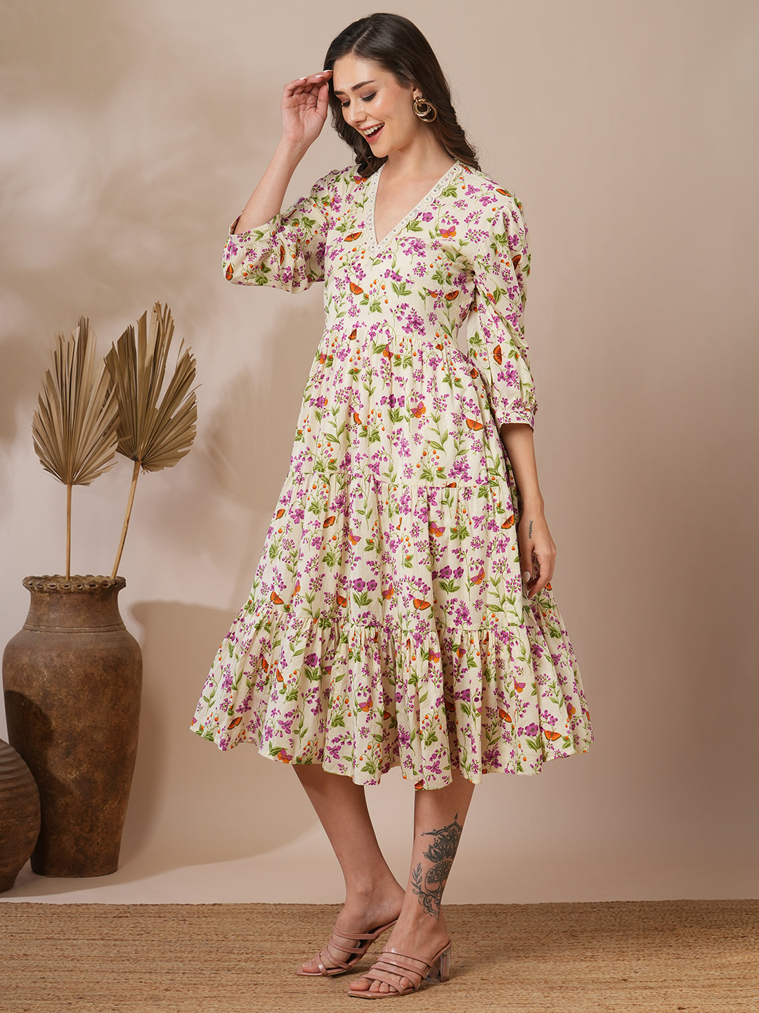 Butterfly & Floral Printed A-Line Pleated Tiered Flared Midi Dress - Off White