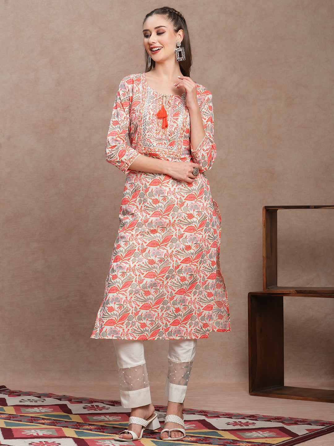 Ethnic Floral Printed & Mirror Embroidered Straight Fit Kurta - Off White