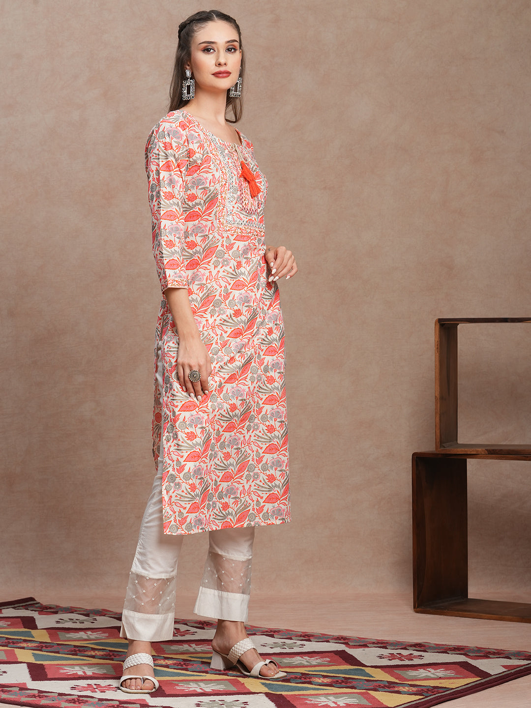 Ethnic Floral Printed & Mirror Embroidered Straight Fit Kurta - Off White