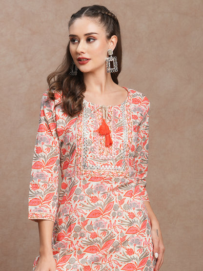 Ethnic Floral Printed & Mirror Embroidered Straight Fit Kurta - Off White