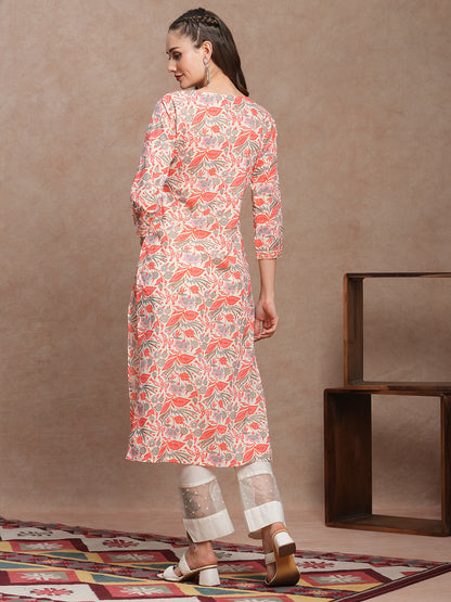 Ethnic Floral Printed & Mirror Embroidered Straight Fit Kurta - Off White