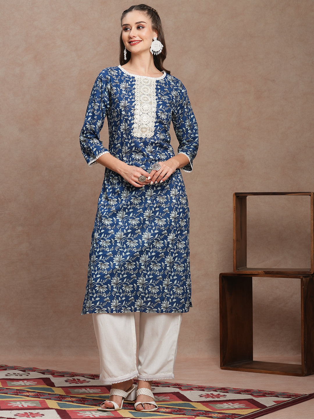 Ethnic Floral Printed & Embroidered Straight Fit Kurta - Blue