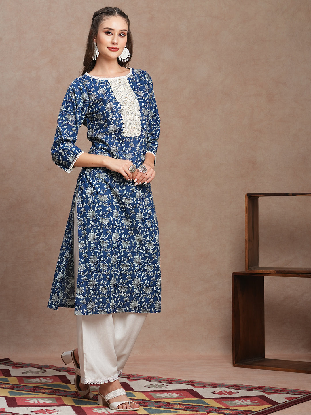 Ethnic Floral Printed & Embroidered Straight Fit Kurta - Blue