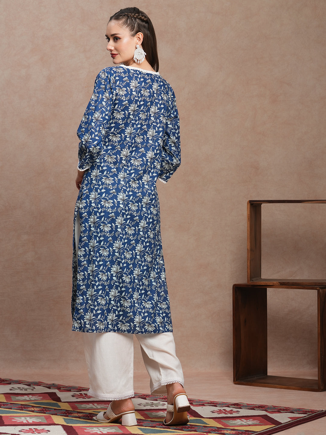 Ethnic Floral Printed & Embroidered Straight Fit Kurta - Blue