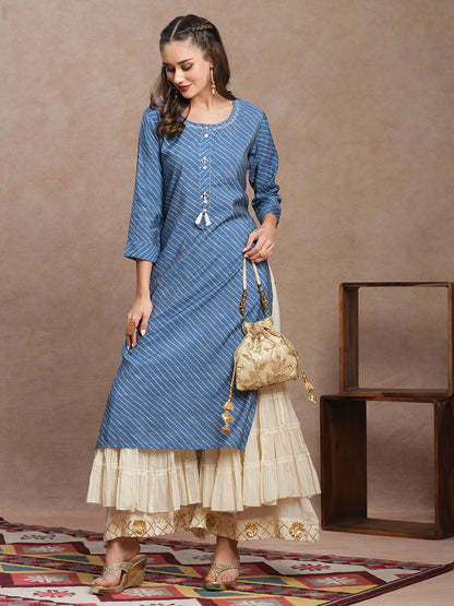 Ethnic Leheriya Printed & Embroidered Straight Fit Kurta - Blue