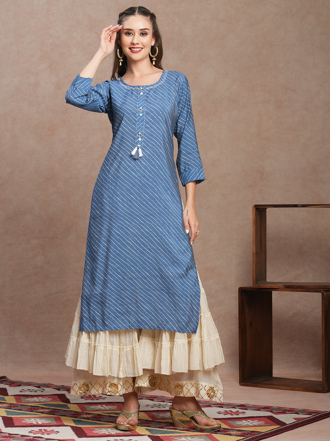 Ethnic Leheriya Printed & Embroidered Straight Fit Kurta - Blue