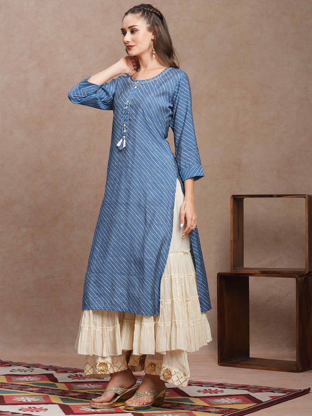 Ethnic Leheriya Printed & Embroidered Straight Fit Kurta - Blue