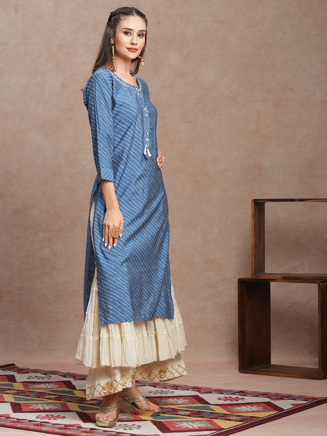 Ethnic Leheriya Printed & Embroidered Straight Fit Kurta - Blue