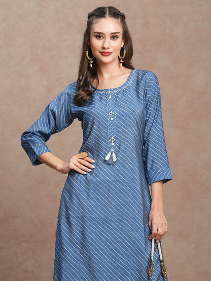 Ethnic Leheriya Printed & Embroidered Straight Fit Kurta - Blue