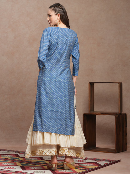 Ethnic Leheriya Printed & Embroidered Straight Fit Kurta - Blue