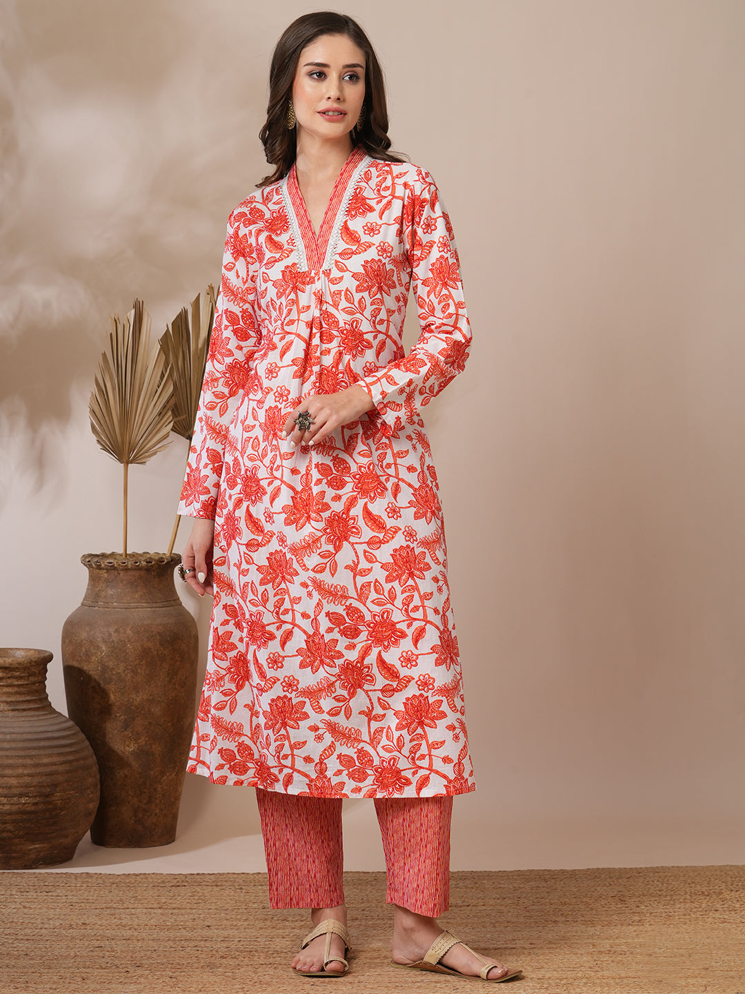 Ethnic Floral Printed A-Line Kurta with Stripes Printed Pant - Off White