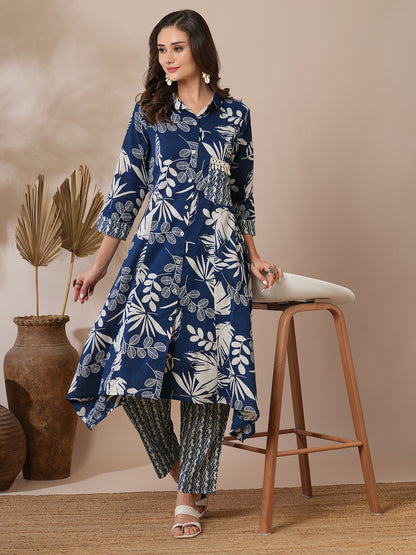 Abstract Floral Printed A-Line Paneled Kurta with Pant - Blue