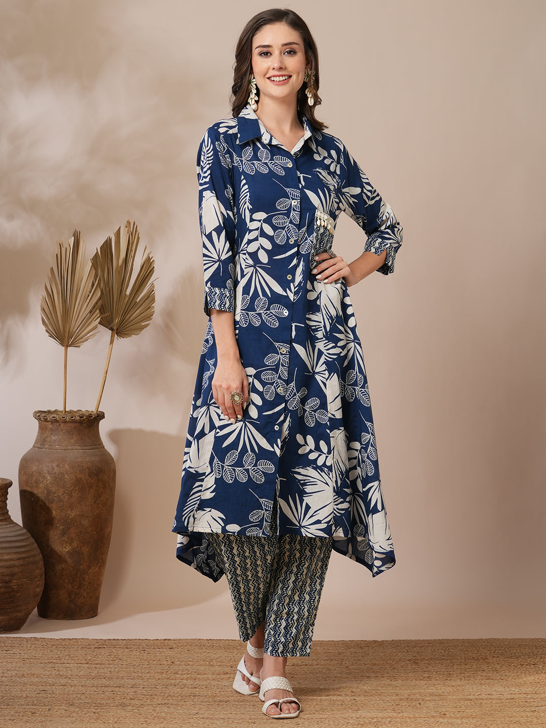 Abstract Floral Printed A-Line Paneled Kurta with Pant - Blue