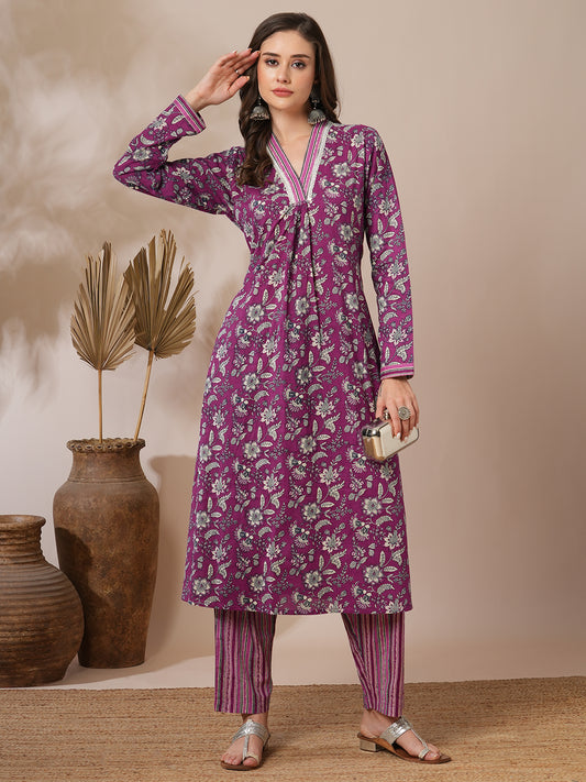 Ethnic Floral Printed A-Line Kurta with Stripes Printed Pant - Purple