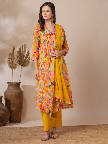 Abstract Floral Printed A-Line Paneled Kurta with Pant & Dupatta - Yellow