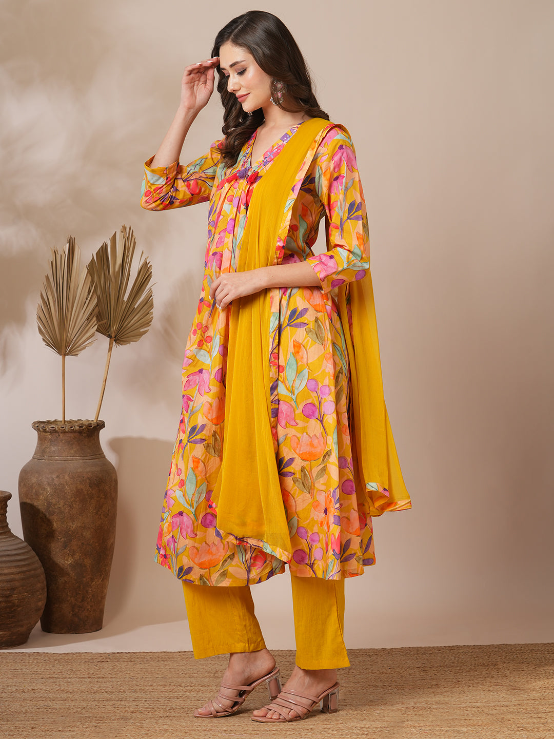 Abstract Floral Printed A-Line Paneled Kurta with Pant & Dupatta - Yellow