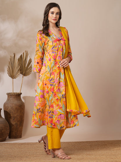 Abstract Floral Printed A-Line Paneled Kurta with Pant & Dupatta - Yellow