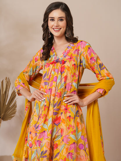 Abstract Floral Printed A-Line Paneled Kurta with Pant & Dupatta - Yellow