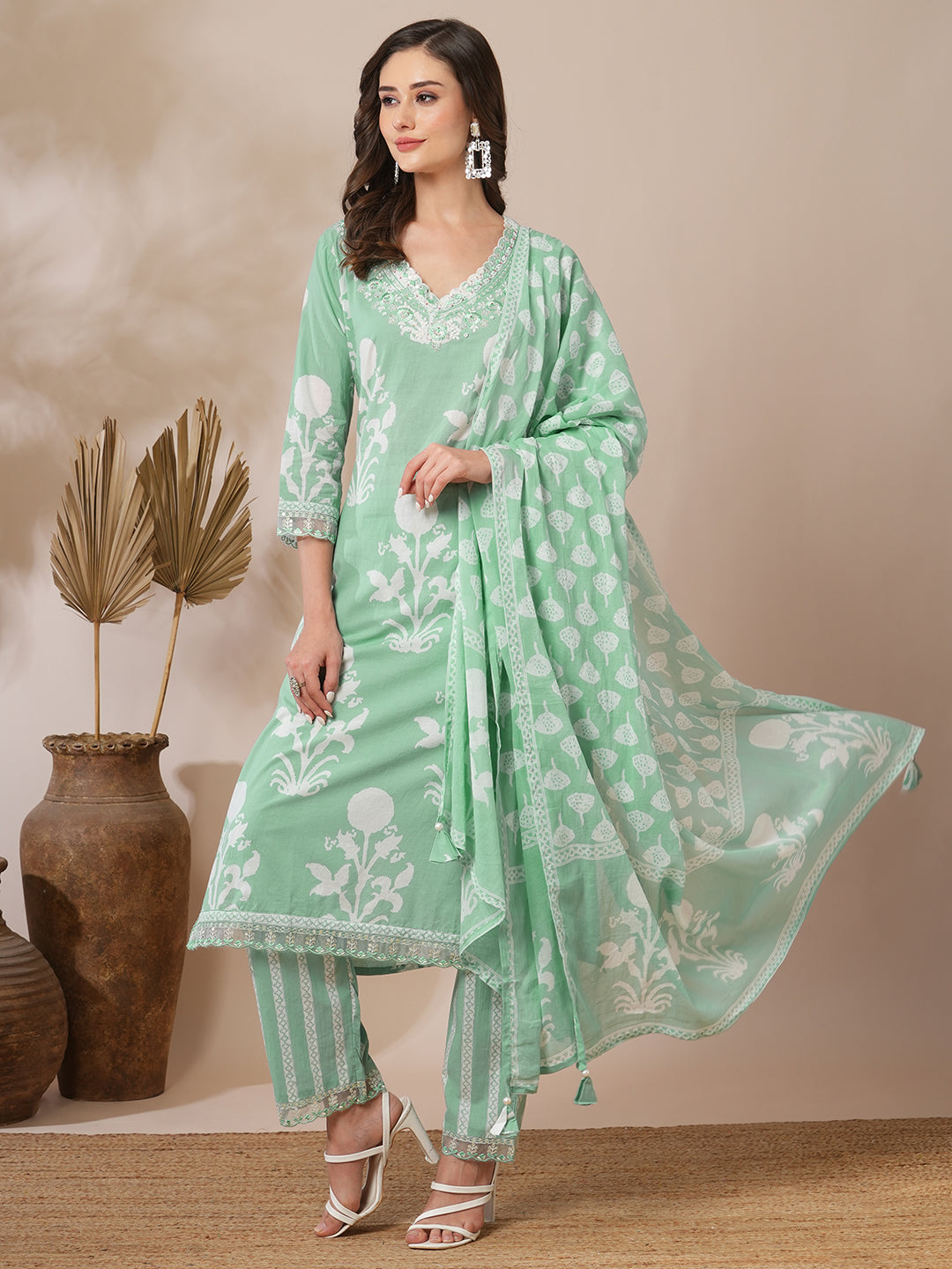 Floral Block Printed & Embroidered Straight Fit Kurta with Pant & Dupatta - Mint Green