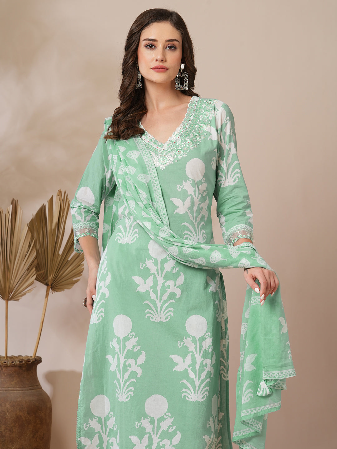 Floral Block Printed & Embroidered Straight Fit Kurta with Pant & Dupatta - Mint Green