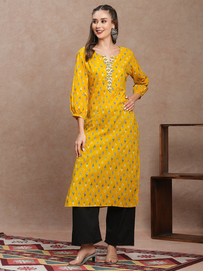 Ethnic Ikat Printed & Embroidered Straight Fit Kurta - Yellow