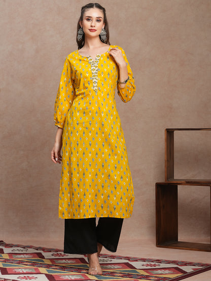 Ethnic Ikat Printed & Embroidered Straight Fit Kurta - Yellow