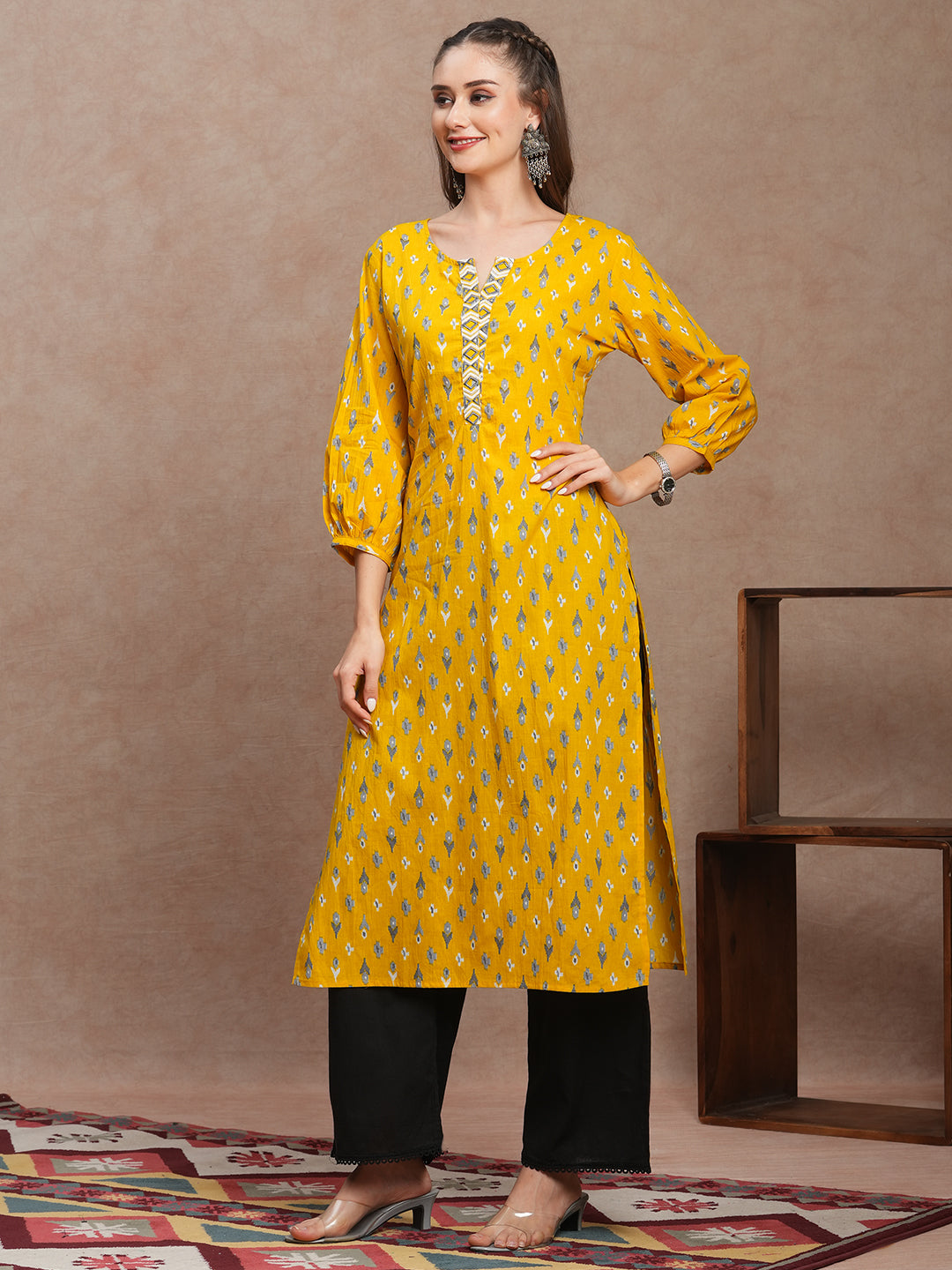 Ethnic Ikat Printed & Embroidered Straight Fit Kurta - Yellow