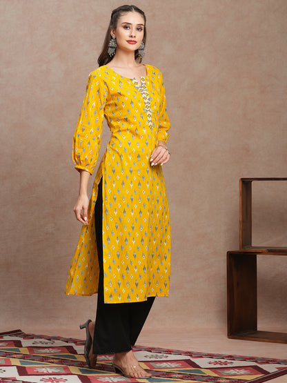 Ethnic Ikat Printed & Embroidered Straight Fit Kurta - Yellow