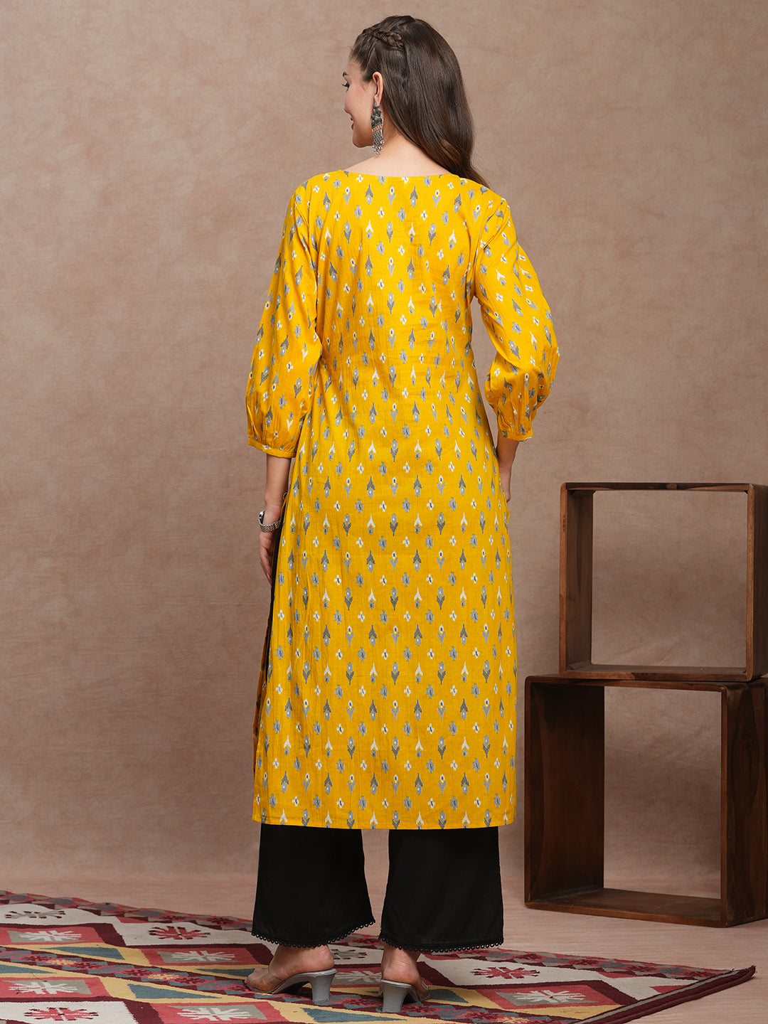 Ethnic Ikat Printed & Embroidered Straight Fit Kurta - Yellow