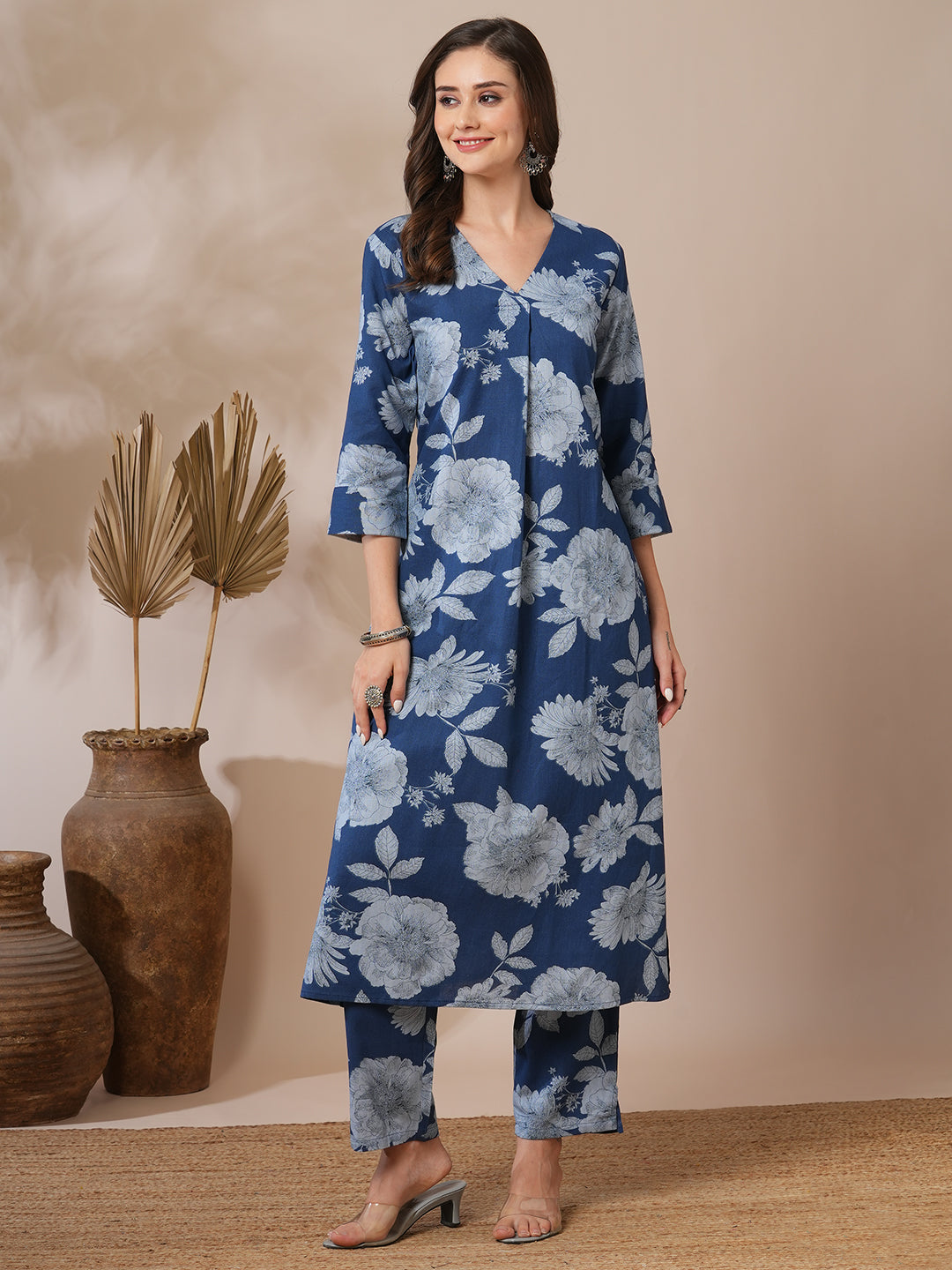 Abstract Floral Printed Straight Fit Co-ord Set - Blue