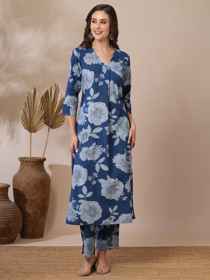 Abstract Floral Printed Straight Fit Co-ord Set - Blue