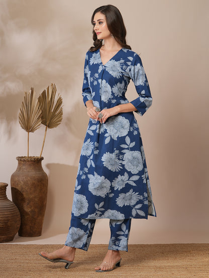 Abstract Floral Printed Straight Fit Co-ord Set - Blue