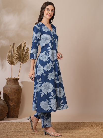 Abstract Floral Printed Straight Fit Co-ord Set - Blue