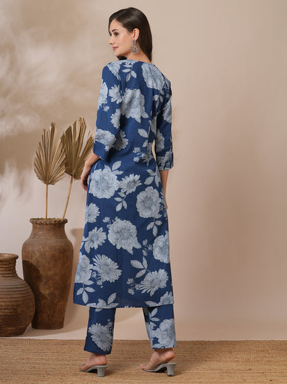 Abstract Floral Printed Straight Fit Co-ord Set - Blue