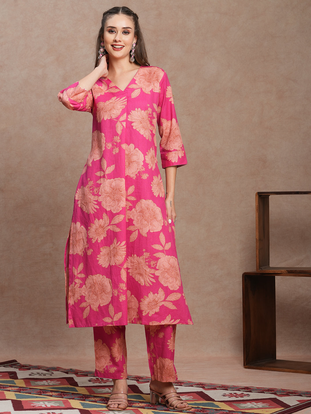 Floral Printed A-Line Pleated Co-ord Set - Pink